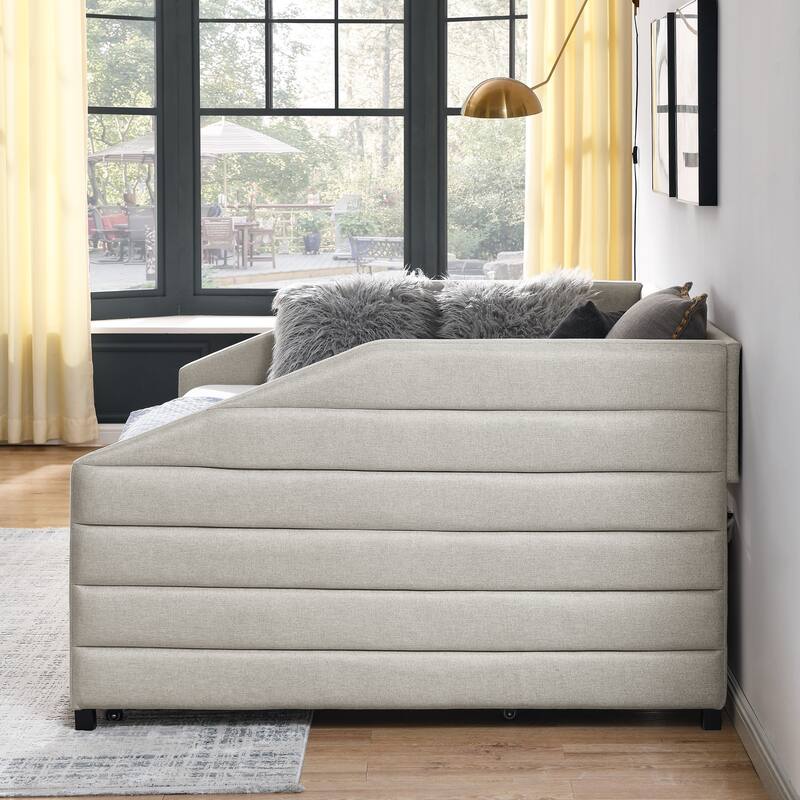 Twin/Full/Queen Size Upholstered Daybed with 2 Drawers, Linen Fabric Upholstered Sofa Bed, Wheeled Storage Daybed w/ Wood Frame