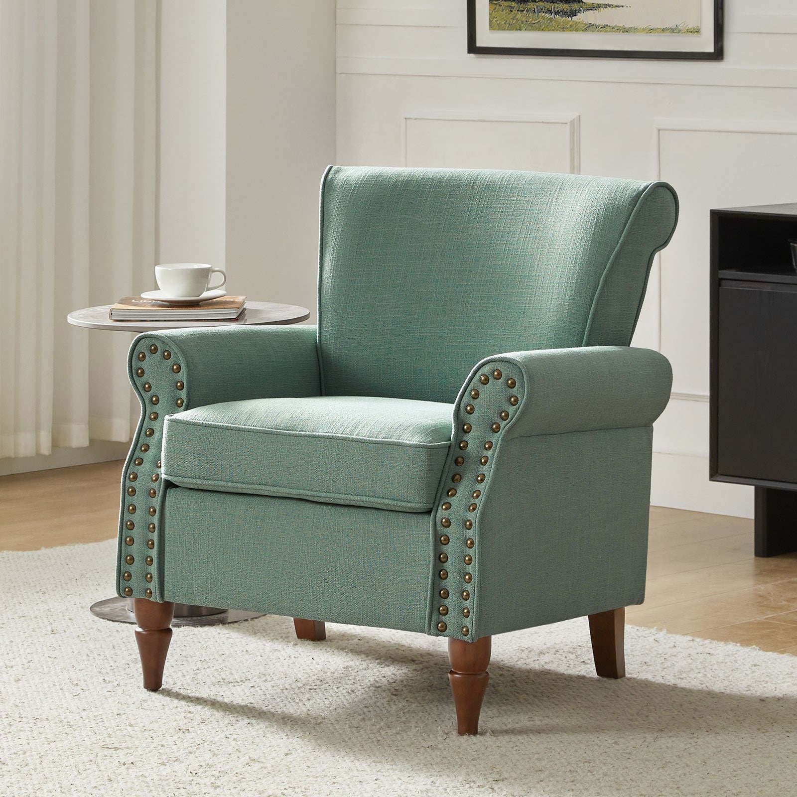 Nyctelius Upholstered Comfy Accent chair with Classic Turned Wooden Legs and Nailhead Trim by HULALA HOME