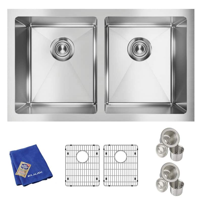 Elkay Crosstown 16 Gauge Stainless Steel, 30-3/4" x 18-1/2" x 10" Equal Double Bowl Undermount Sink Kit - Without Faucet
