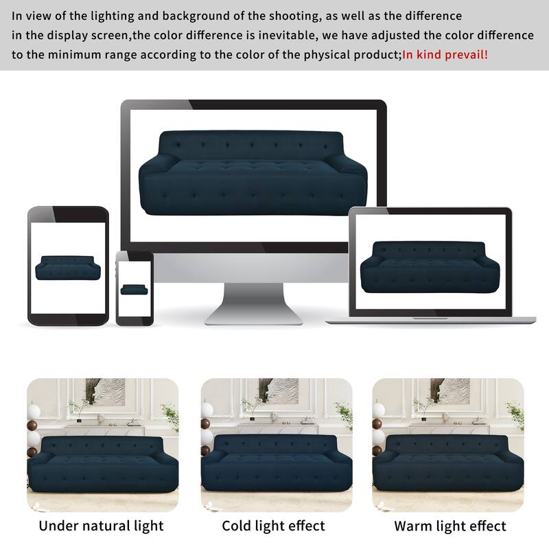 86.2'' Modern Minimalist Style Tufted Design Upholstered 3-Seat Compression Sofa in Dark Blue, Polyester