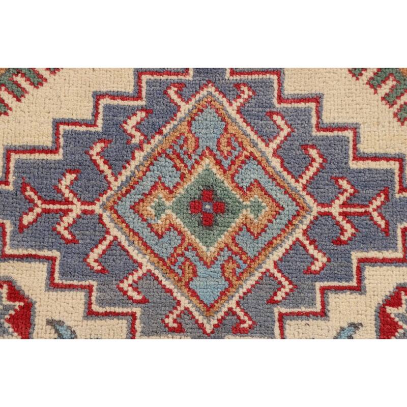 Ivory Geometric Kazak Accent Rug Hand-Knotted Wool Carpet - 2'7" x 4'3"