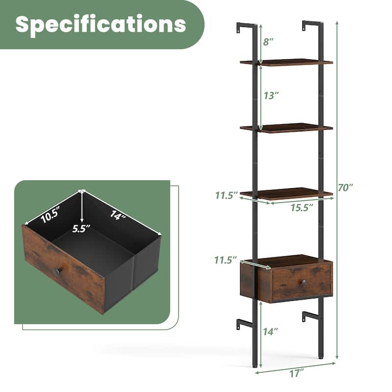 Rustic Brown Engineered Wood Ladder Bookshelf with Metal Drawer - Rustic Brown