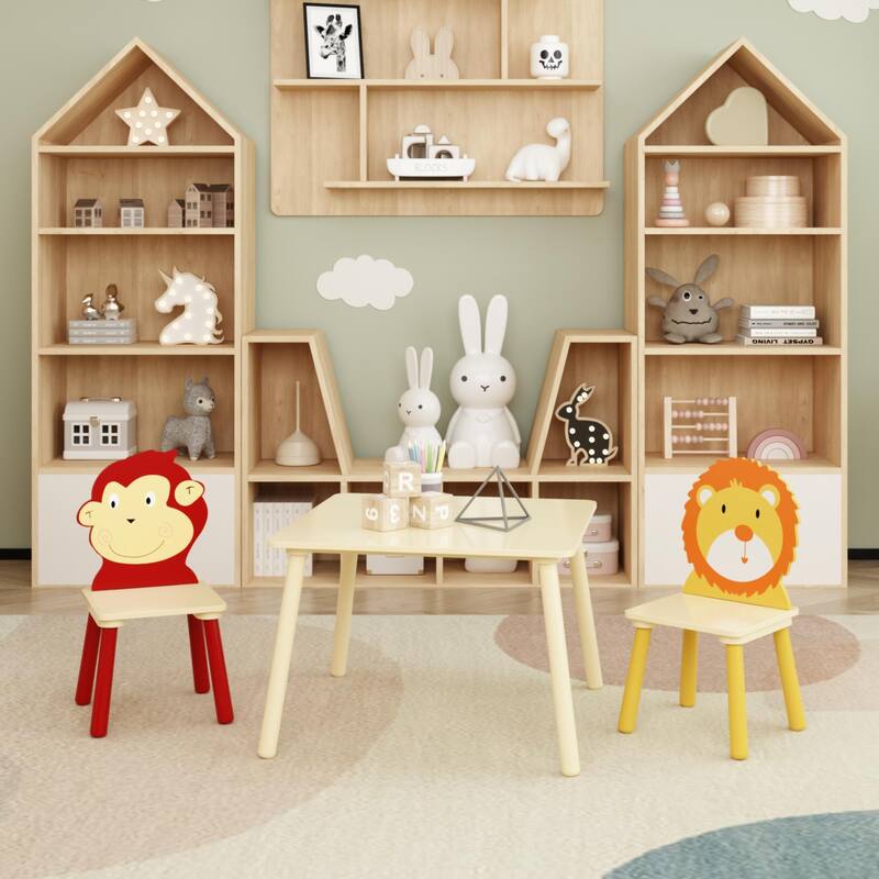 Anmytek Toddler 3-Piece Wooden Table and Chair Set Kids Activity Desk with Animal Backrest for Playroom Nursery