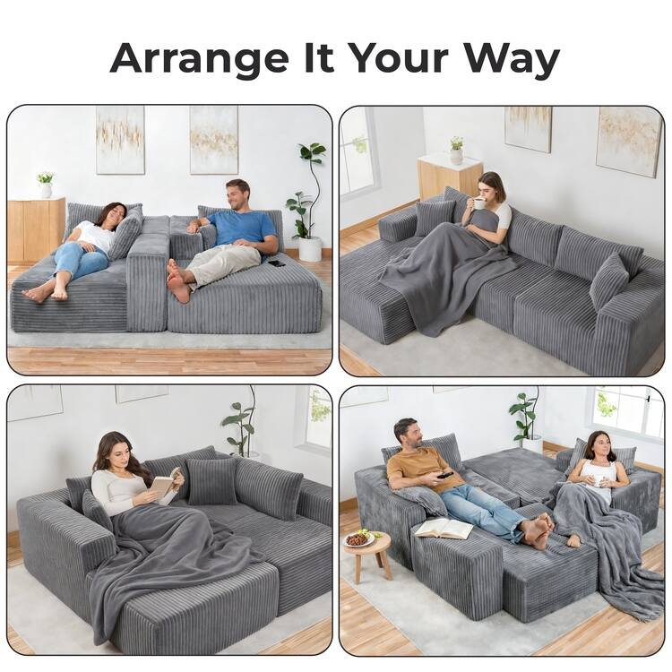 110" Modular Cloud Couch Sectional Sofa - Deep Seat Corduroy L-Shape Couch - Boneless Compressed Sofa