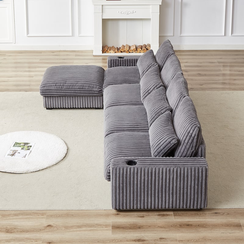 Super Large 126-Inch Corduroy L-Shaped Sofa with Cup Holders, USB Port, Movable Footrest, and 8 Cushions.
