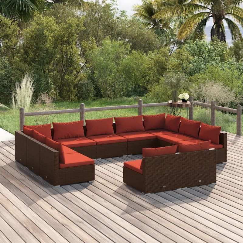 vidaXL Patio Lounge Set Outdoor Sectional Sofa Set Table Garden Poly Rattan - 27.6" x 27.6" x 23.8" - Brown/Cinnamon red 11 Piece
