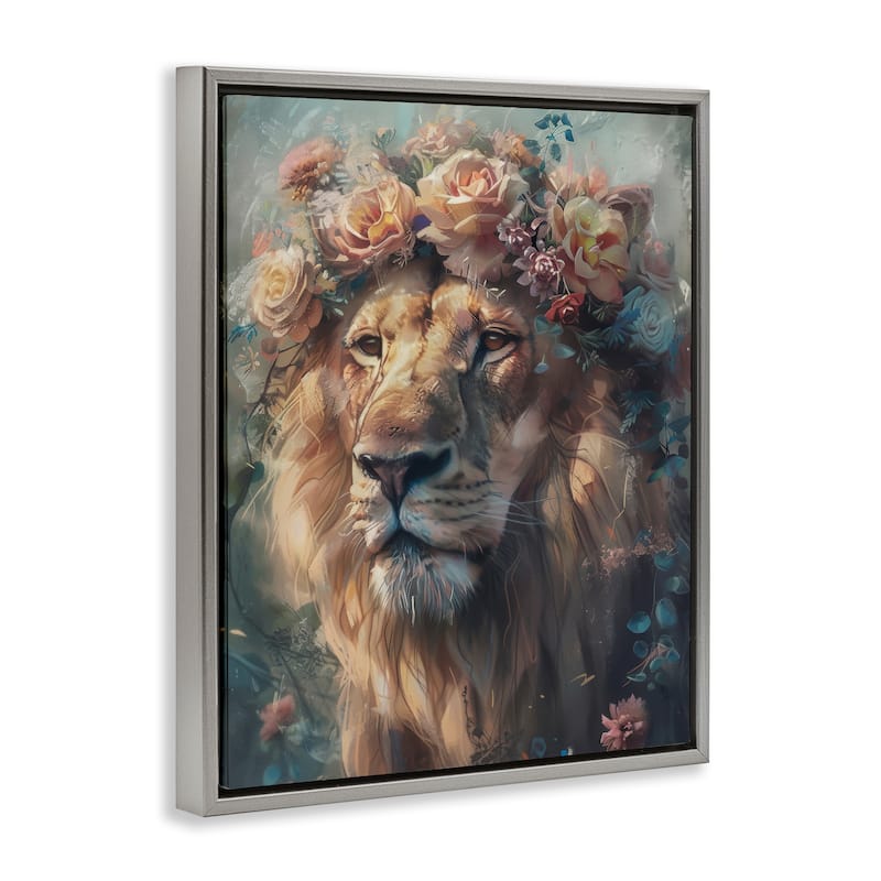 Stupell Lion with Rose Garland Framed Floater Canvas Wall Art Design By Arlington Prints