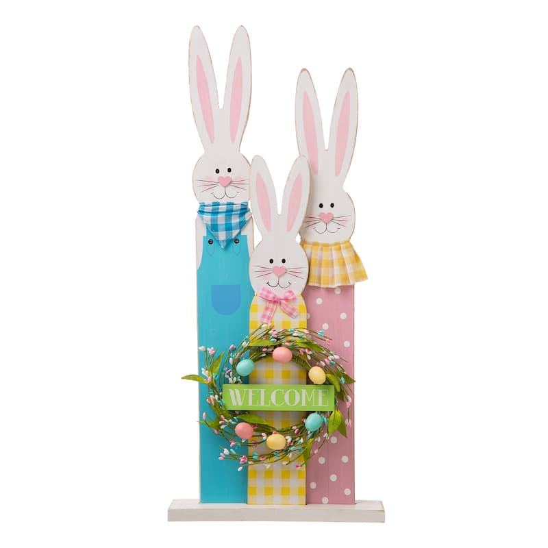 Glitzhome 30"H Easter Wooden Bunny Family Standing Porch Sign with Wreath - Welcome