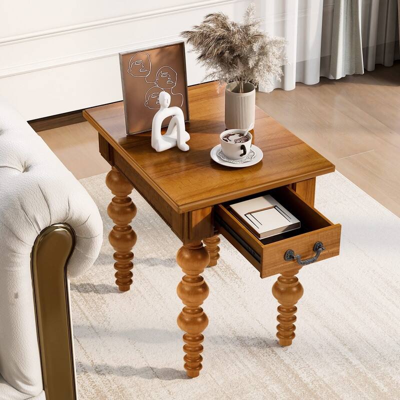 Retro 24" Solid Wood End Table with Drawer Easy Assembly Vintage Narrow Sofa Side Table for Living Room