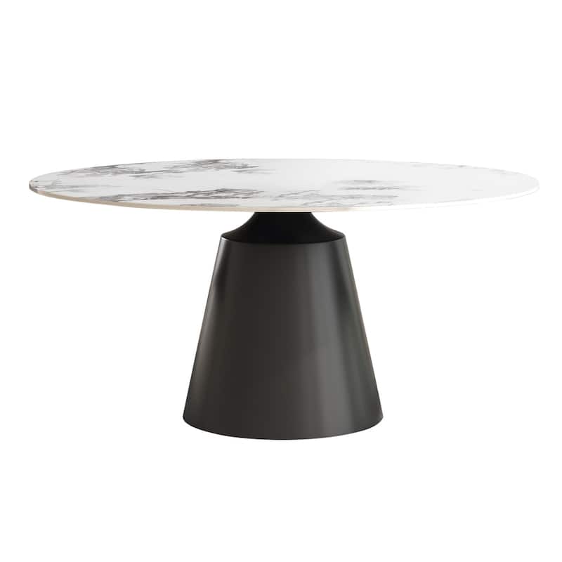 Modern Round Rock Slabs Black Titanium Stainless Steel Pedestal Dining Table - 4 Seats - Jade White