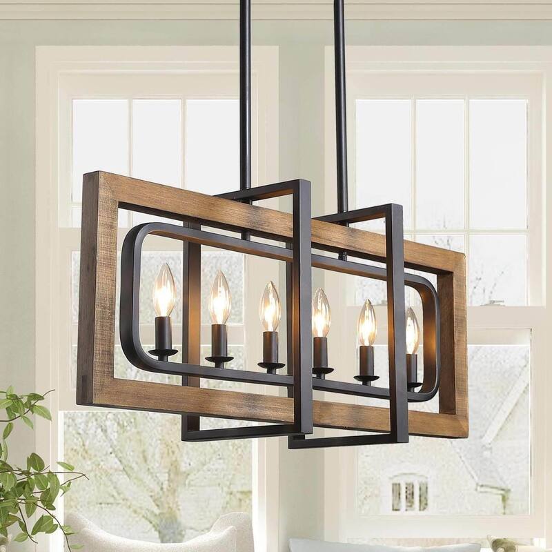 Farmhouse 6-Light Wood Rectangle Chandelier Island Lights for Dining Kitchen Island