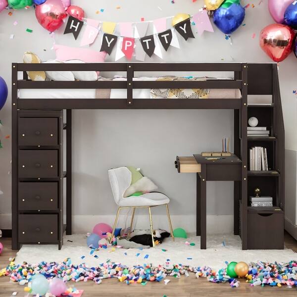 slide 2 of 11, Multi-Functional Twin size Loft Bed with Storage Drawers, Shelves, Desk and Stairs, Sturdy Construction & Unique Design, Black Espresso