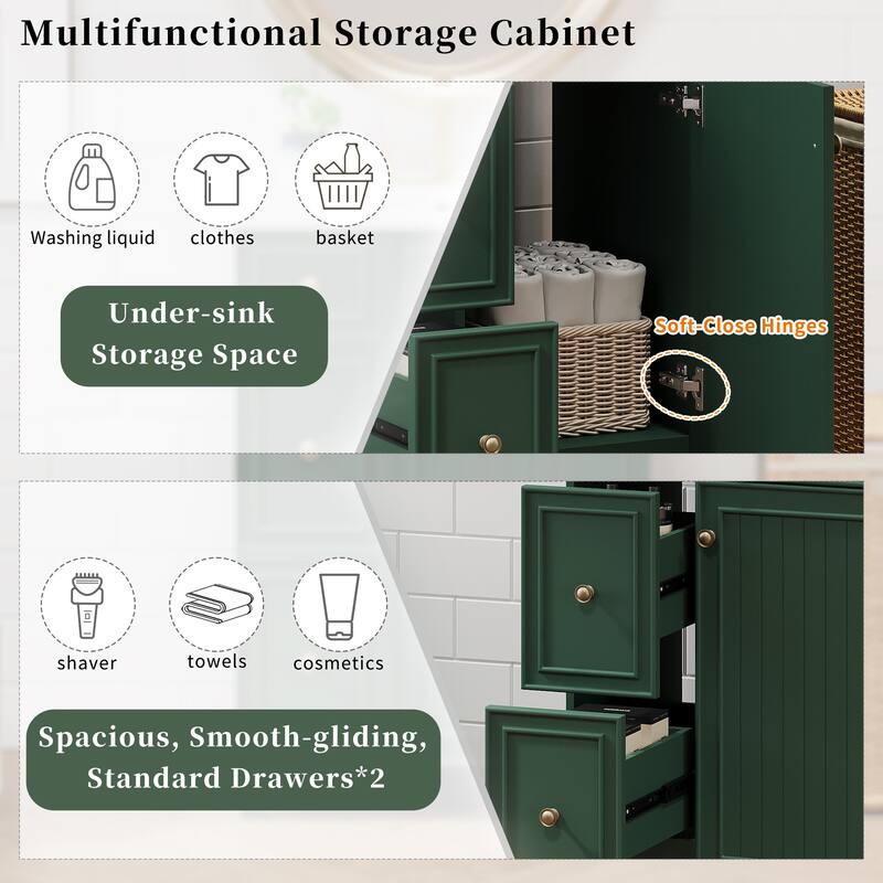 24" Bathroom Vanity with Ceramic Sink, 2 Drawers, Soft-Close Door, Freestanding Cabinet for Small Spaces, MDF and Wood