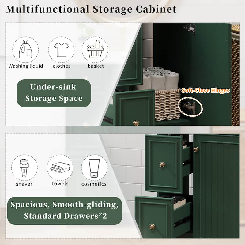 Bathroom Vanity with Ceramic Sink, Single Vanity with Soft Closing Door, Solid Wood Bathroom Cabinet with 2 Drawers