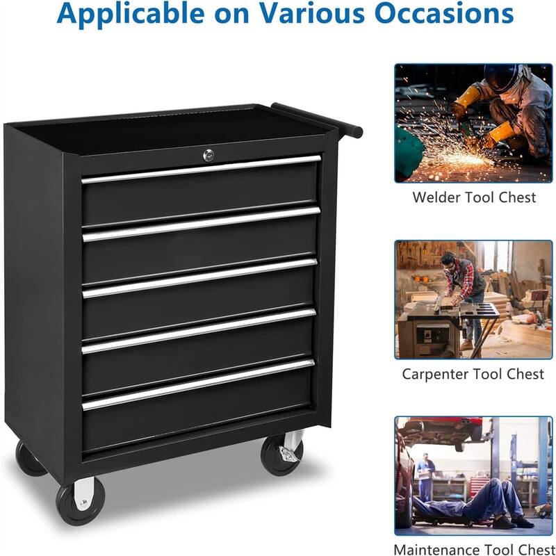 5-Drawer Rolling Tool Chest w/Lock & Key - 24.41 In. W X 31.1 In. H X 12.99 In. D
