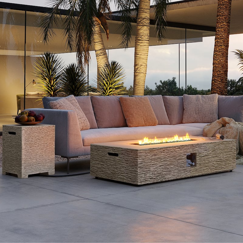 Patio Watcher 42/56in. 50000-BTU Outdoor Beige Magnesium Oxide Fire Pit Table with Gas Tank Cover - Yellow