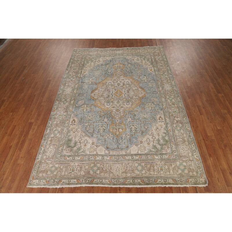 Geometric Blue Tabriz Persian Area Rug Handmade Blue Wool Carpet - 6'7"x 9'8"
