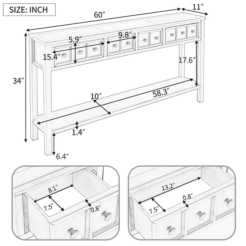 Entryway Console Table with 2 Different Size Drawers, 60" Long Solid Wood Sofa Table, Bottom Shelf and Wide Desktop