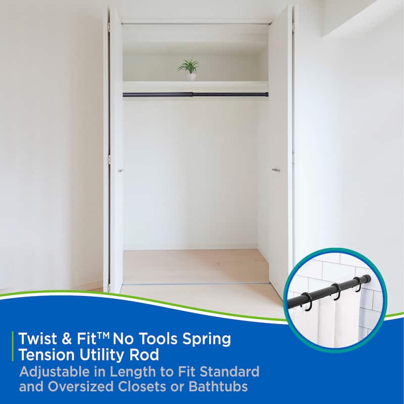 Kenney Twist & Fit No Tools Spring Tension Utility Closet or Shower Curtain Rod, 42-72"