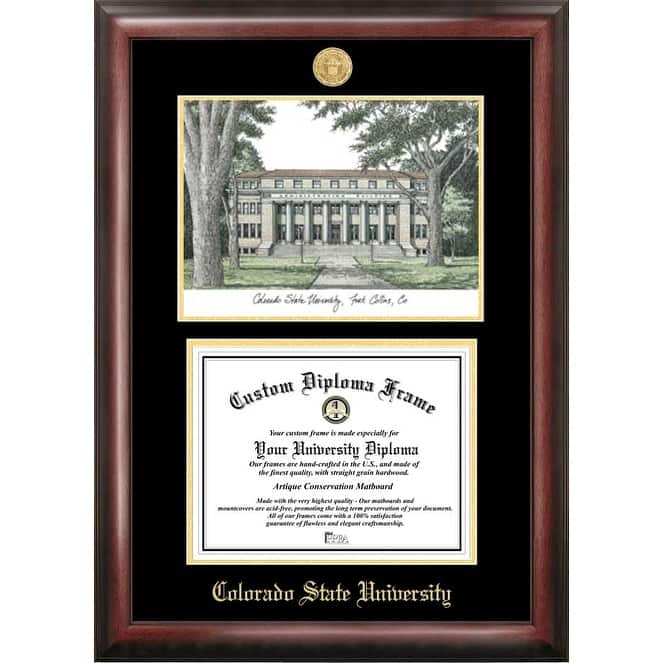 Colorado State University 11w x 8.5h Gold Embossed Diploma Frame with Campus Images Lithograph
