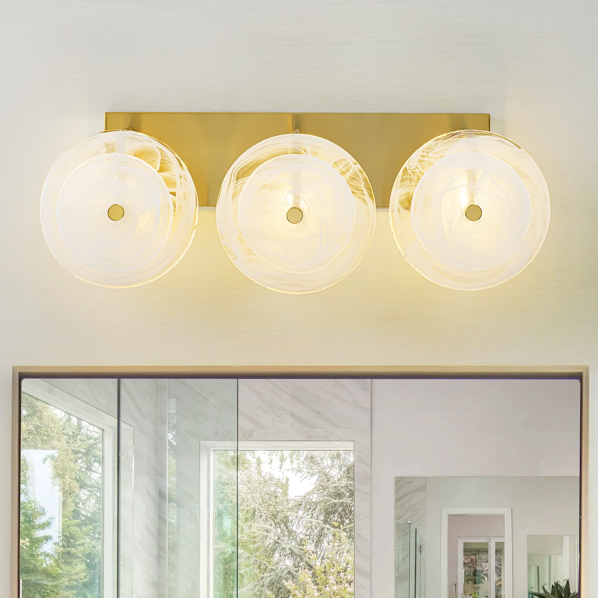 3-Light Mid-Century Modern Brushed Brass Vanity Light with Cloud-Textured Round Glass glass disc