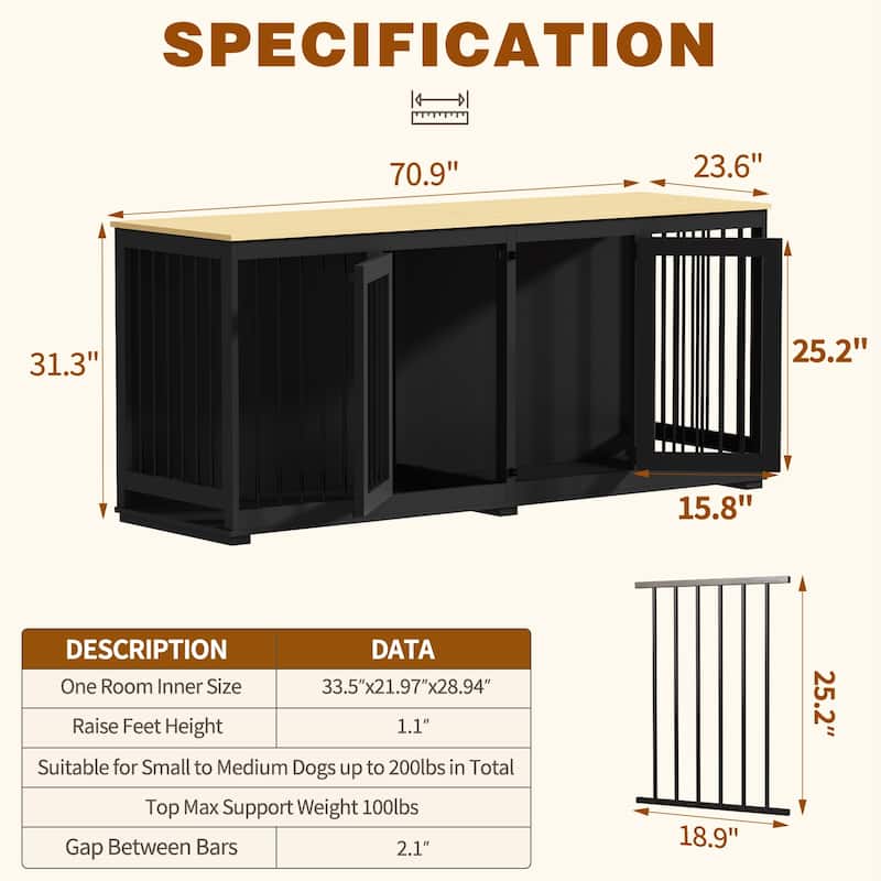 Double door large Dog Cage furniture with Removable Divider Wooden Top
