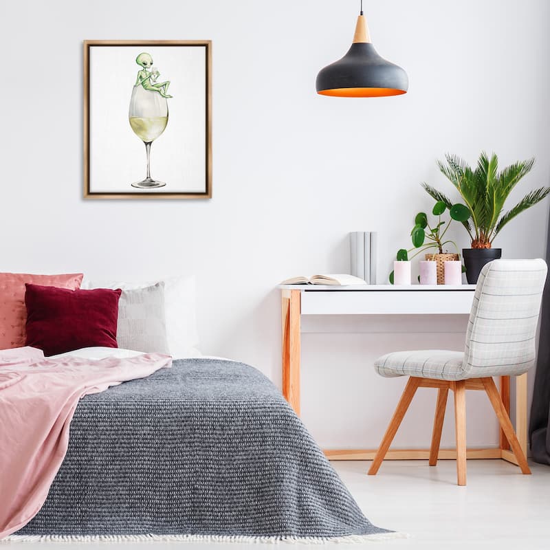 Stupell Alien Perched on Champagne Glass Framed Floater Canvas Wall Art Design By Lil' Rue