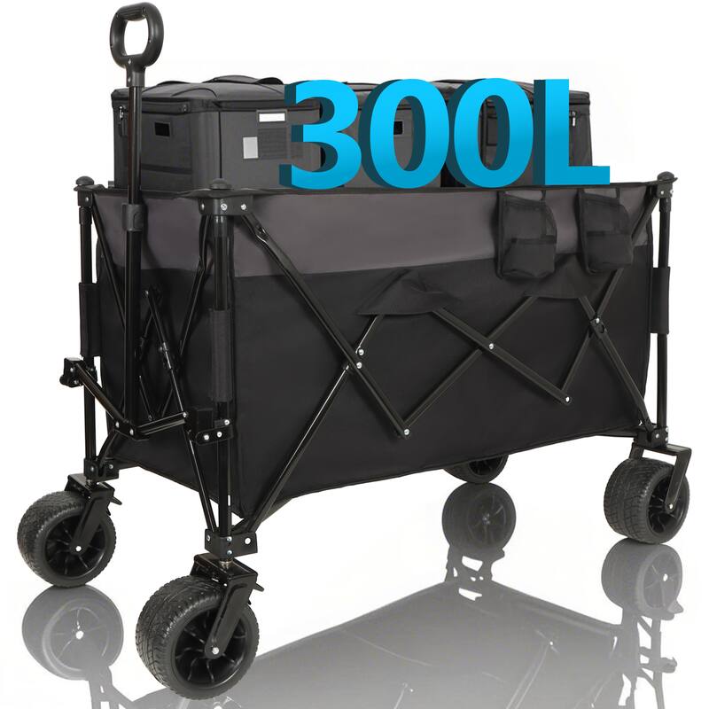 Extra Large 300L Tall Folding Wagon - 480lb Capacity with Brakes, Pockets & Drink Holders, Black & Gray