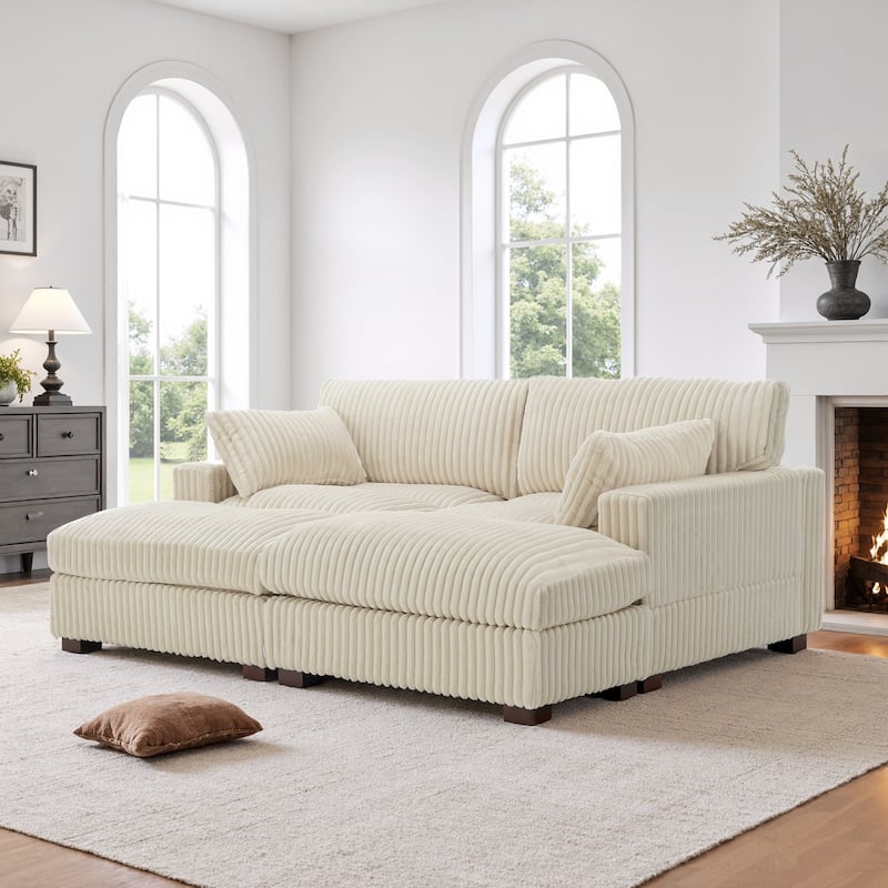Oversied Plush Corduroy Fabric Modular Sectional Sofa with Chaise, Ottoman - Left Facing - White-3 Pieces