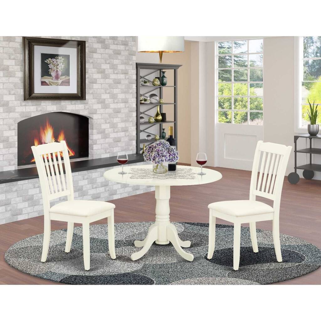 Round Dinette Set with Drop Leaf Table & 2 Linen Dining Chairs - White Finish