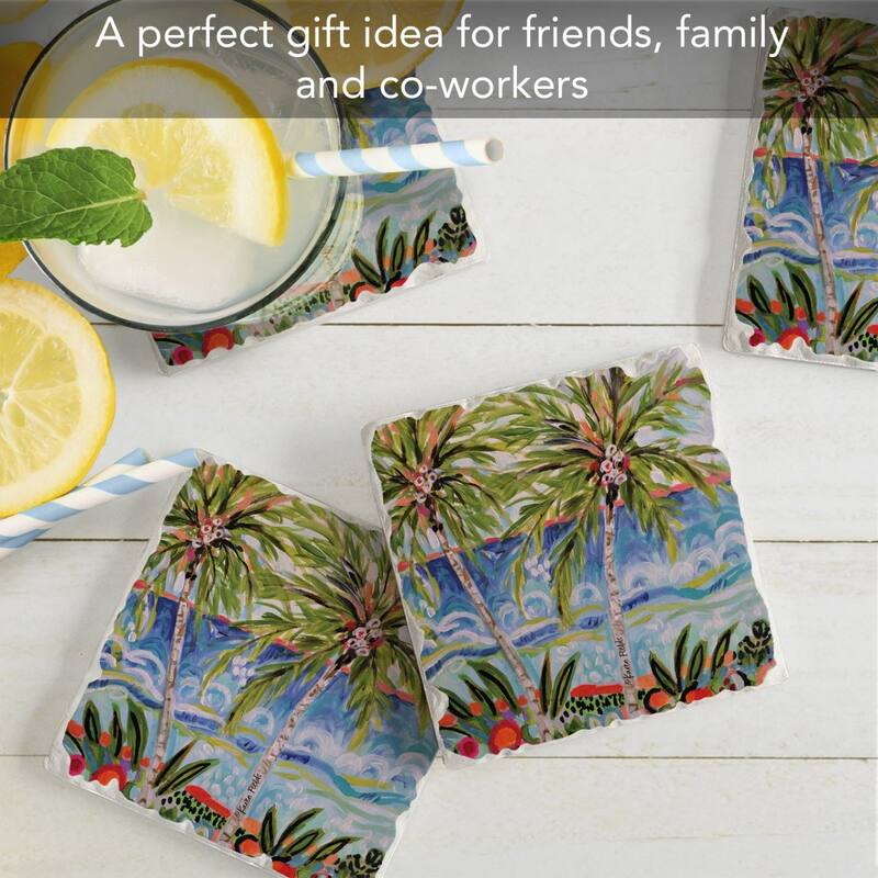 Tropical Vibes 4-Pack Absorbent Stone Coasters with Protective Cork Backing 4" Square Made in The USA Easily Wipes Clean