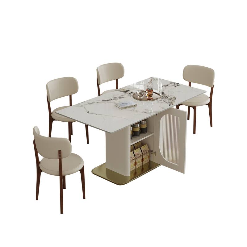 5-Piece Dining Table Set with Storage Cabinets, Kitchen Table Set with 4 Velvet Chairs for Dining Room
