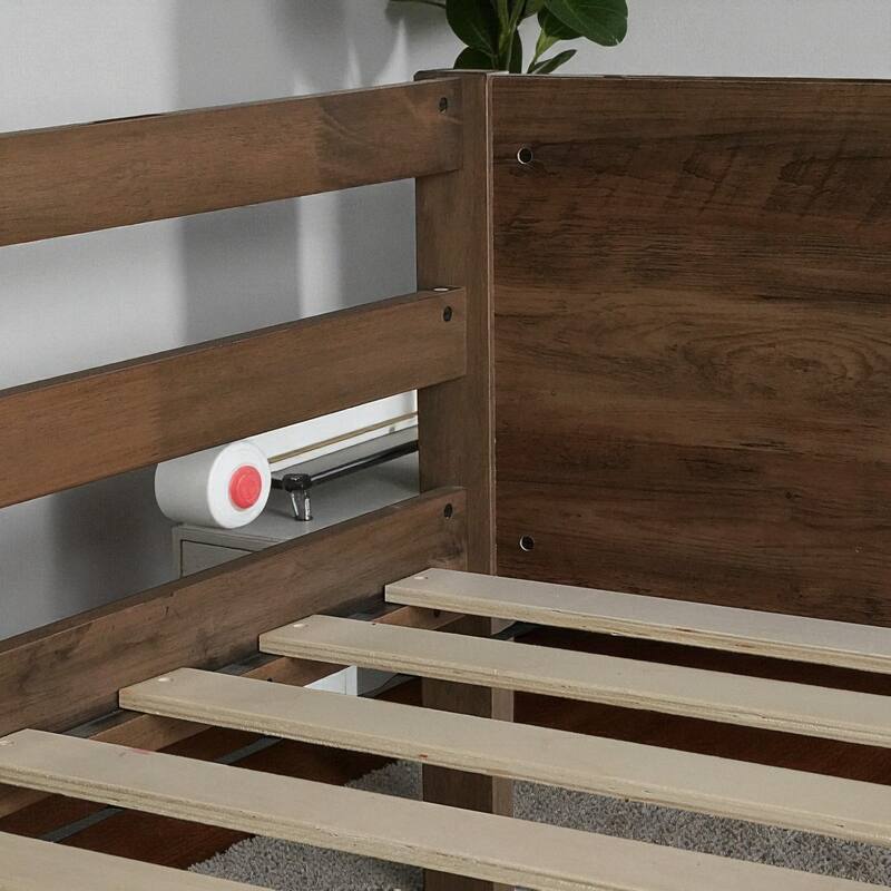 Twin Over Twin Floor Bunk Bed with Ladder and Guardrails, Solid Rubber Wood Frame with Panel Headboard and Footboard