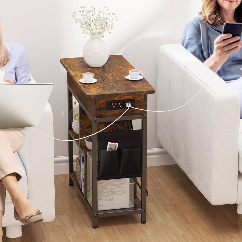 End Table with Charging Station, Flip Top Nightstand with USB Ports and Outlets