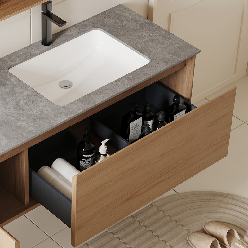 47.24 Single Bathroom Vanity, Modern, Gray Stone Stop, Light Solid Wood