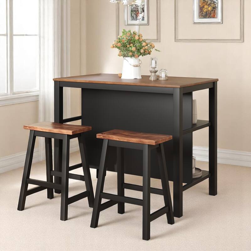 3-Piece Solid Wood 45" Table Set with 2 Stools, Counter Height Dining Set with Open Storage Shelves for Dining Room or Kitchen