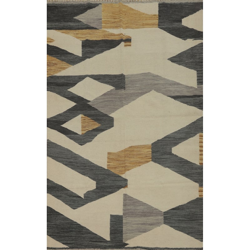 Hand Woven Oriental 100% Wool Carpet Southwestern Modern Beige & Ivories Kilim Area Rug - 6' 8'' X 4' 11''