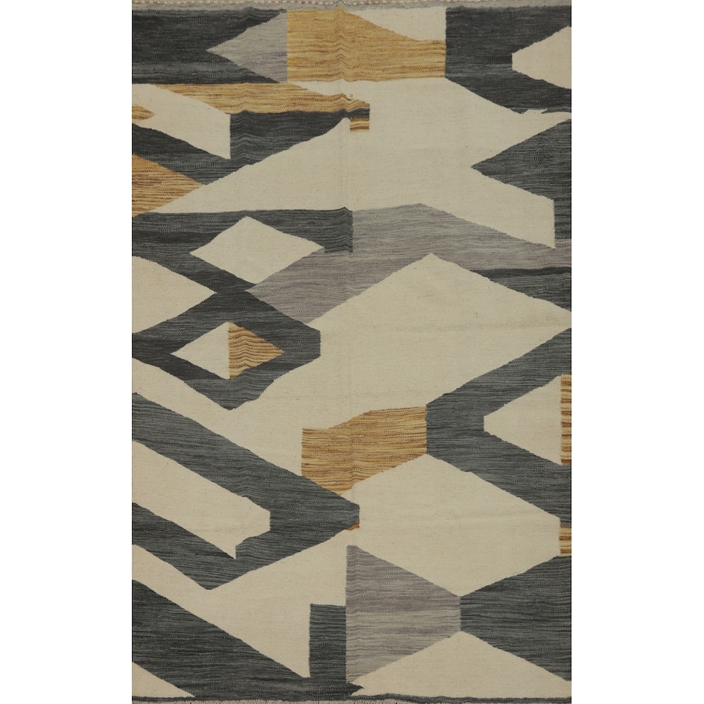 Hand Woven Oriental 100% Wool Carpet Southwestern Modern Beige & Ivories Kilim Area Rug - 6' 8'' X 4' 11''