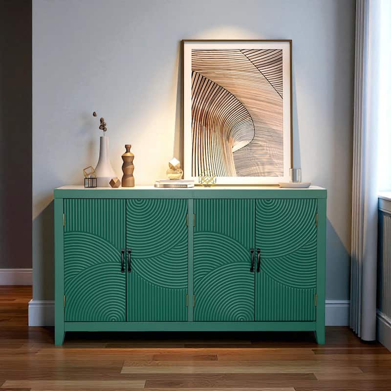 59" Mid Century Modern Accent Cabinet with 4 Doors, Green Wood Buffet Storage Cabinet for Living Room, Dining Room