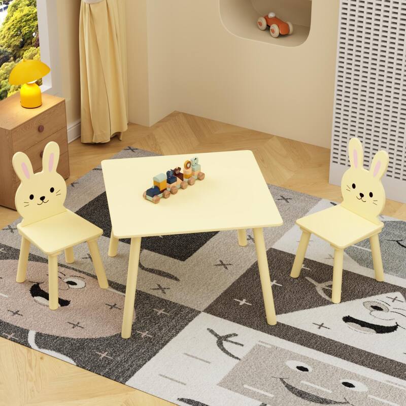 Kids Table and Chair Set with 2 Bunny Chairs, Children's Wooden Activity Table for Toddlers, Cute Animal Design Set