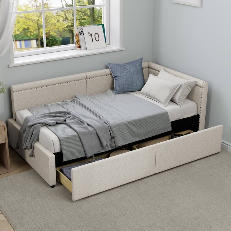 Modern Style Twin Size L Shape Corner Bed, Linen Upholstered Daybed with Two Storage Drawers