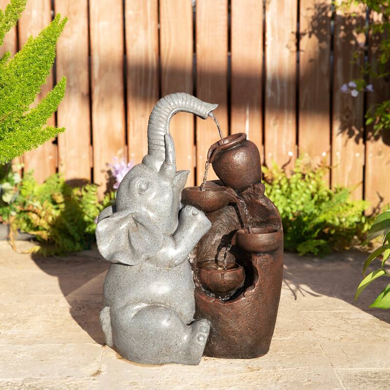 Glitzhome 4-Tiered Dogs or Elephant and Pot Polyresin Outdoor Fountain with Pump and LED Light