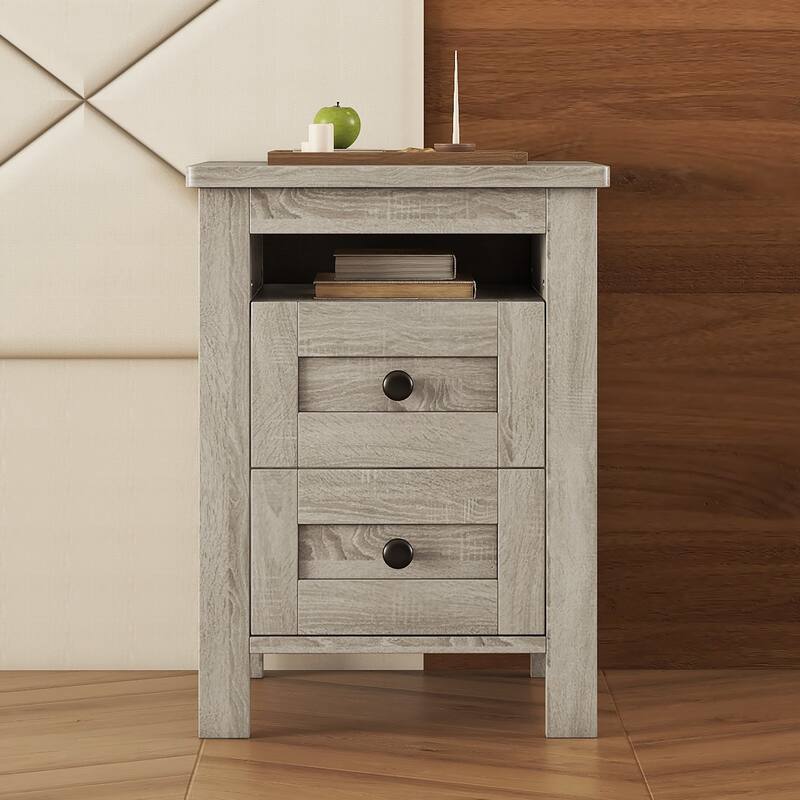 Wooden Nightstand, Farmhouse Nightstand with 2 Drawers and Sleek Lines, Side Table with Storage Cabinet for Bedroom, Living Room - Antique Gray