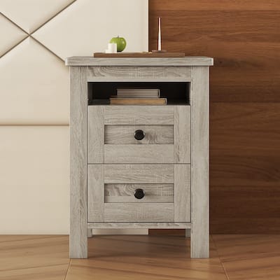 Wooden Nightstand, Farmhouse Nightstand with 2 Drawers and Sleek Lines, Side Table with Storage Cabinet for Bedroom, Living Room