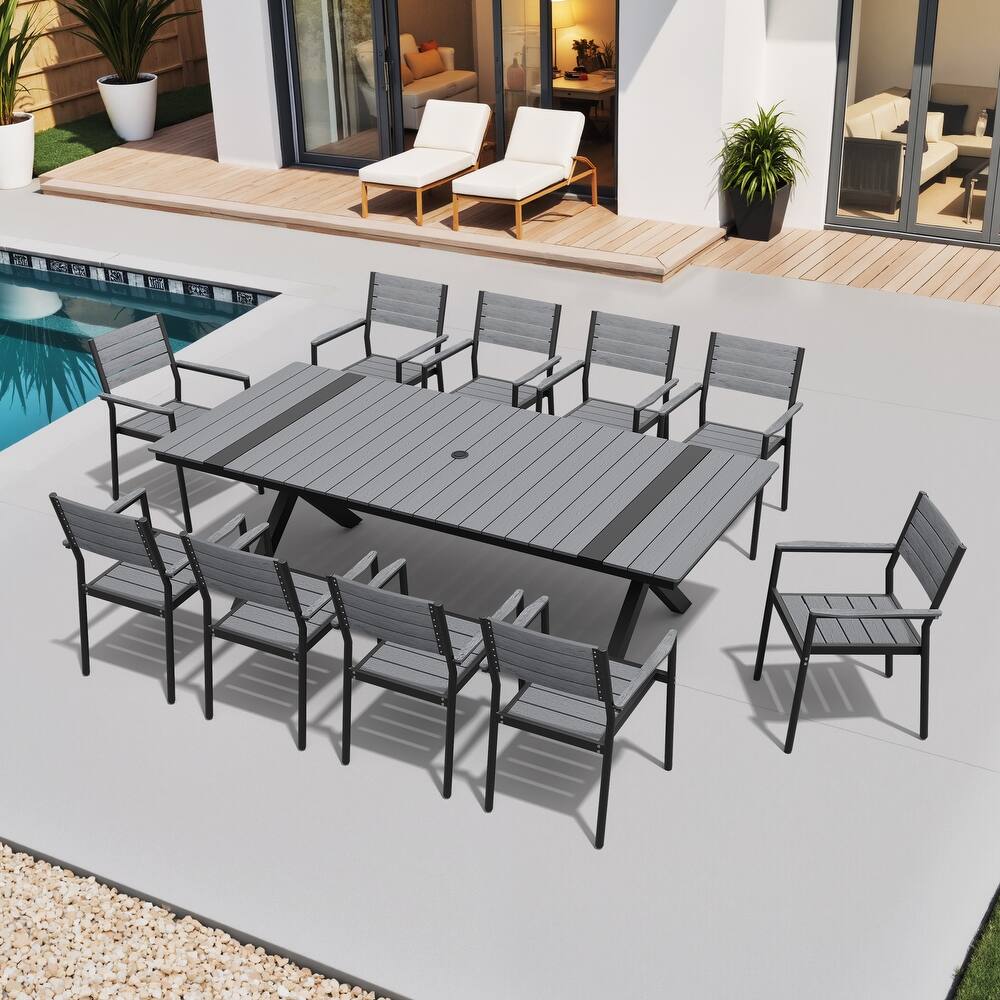 11-Piece Set Outdoor Aluminum Rectangular Dining Table with Umbrella Hole and Stackable Chairs