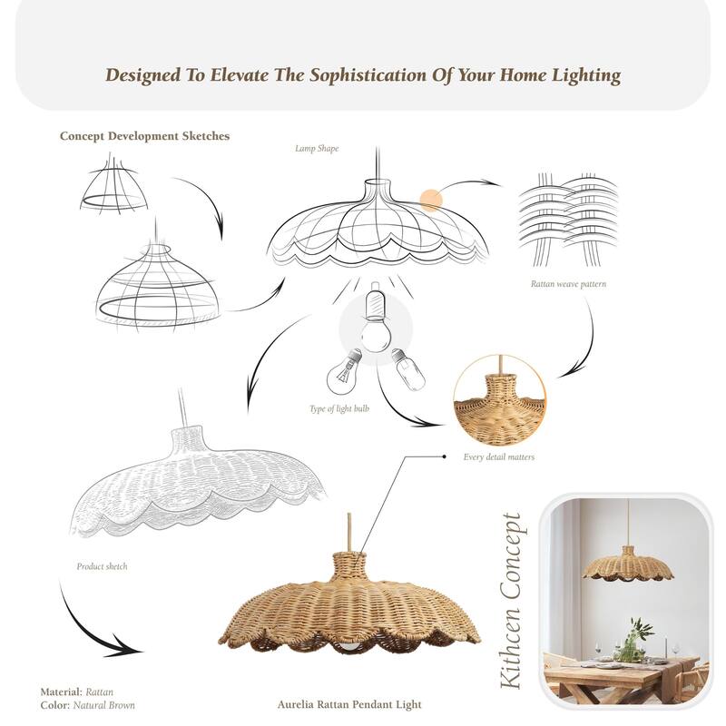 Aurelia Rattan Pendant Light - Natural Hardwired Light Fixture for Kitchen Island or Dining Room in Boho or Coastal Style