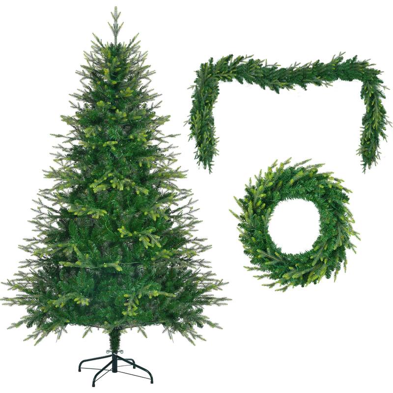 6FT Pre-Lit Christmas Tree with Garland & Wreath Set, LED Multi-Color & Warm Lights, Green and White Tips