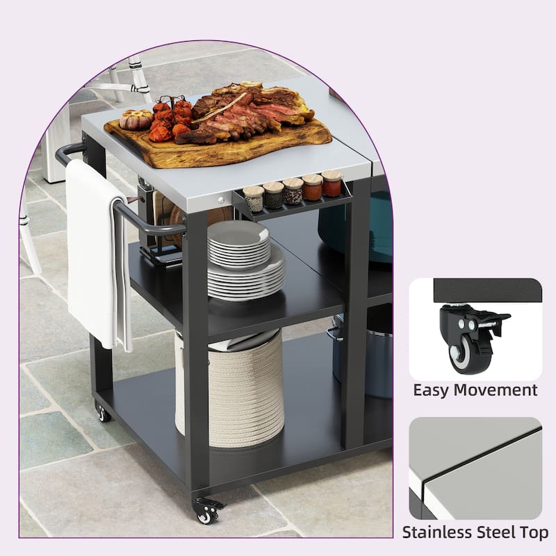 Moasis Wheeled Grill Cart Table w/Removable Stainless Steel Top and Trash Bag Holder