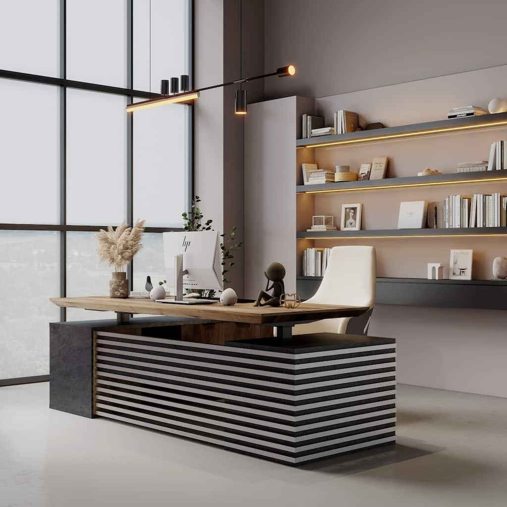 Adjustable L-Shaped Executive Desk with Outlets File Cabinets 3 Drawers Custom Size & Color