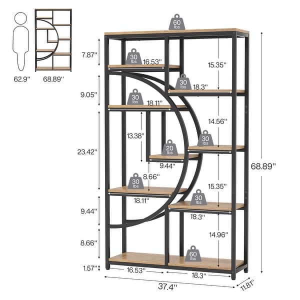 dimension image slide 4 of 5, Bookshelf 5 Shelf Industrial Etagere Bookcase for Bedroom, Living Room, Home Office